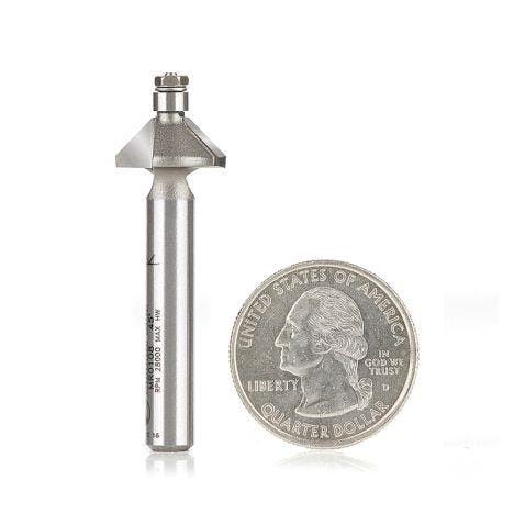 Amana Tool Carbide-Tipped Miniature 45° Chamfer Router Bit with Mini Ball- Bearing, 9/16'' Dia. x 1/4'' Cutting Height x 1/4'' Shank - Rockler