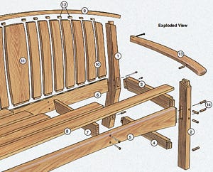 Drawing of an outdoor bench with marked lumber parts